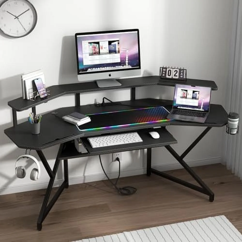 HJZBNONE 72" Gaming Desk with Power Outlet &amp; Led Strip  Large Wing-Shaped Computer Desk w Monitor Stand &amp; Keyboard Tray &amp; RGB Mouse Pad  Studio Desk w   Headphone Hook Cup