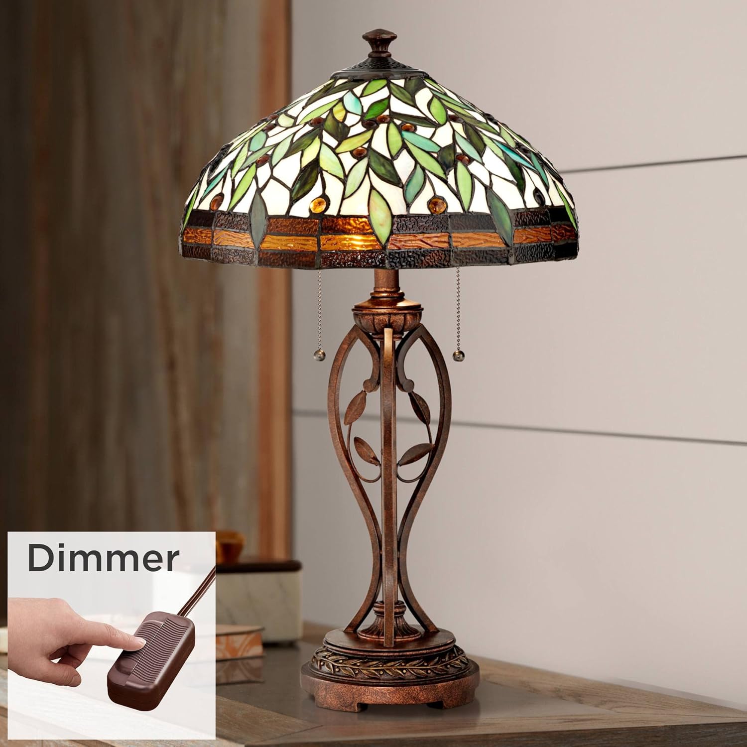 Robert Louis Tiffany Blossoming Leaf Vine Traditional Tiffany Style Table Lamp with Table Top Dimmer 26" High Bronze Stained Glass Shade Decor for Living Room Bedroom House Bedside Nightstand Home