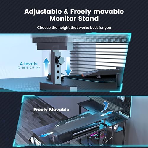 L Shaped Gaming Desk, 47 Inch Computer Desk with Adjustable Stand & RGB Lights, Corner Desk for Power Outlet, Carbon Fiber Texture