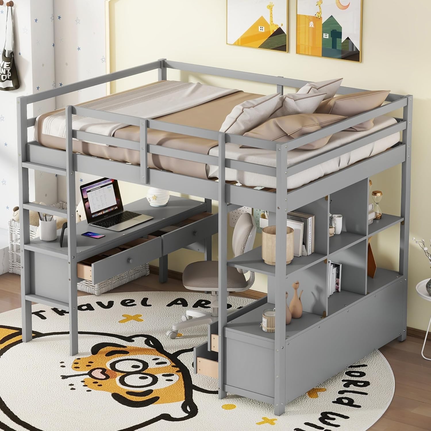 Harper & Bright Designs Full Size Loft Bed with Desk and 2 Drawers, Solid Wood Full Loft Bed with Storage Shelves and Drawers for Girls Boys Teens Adults,No Box Spring Needed,Grey