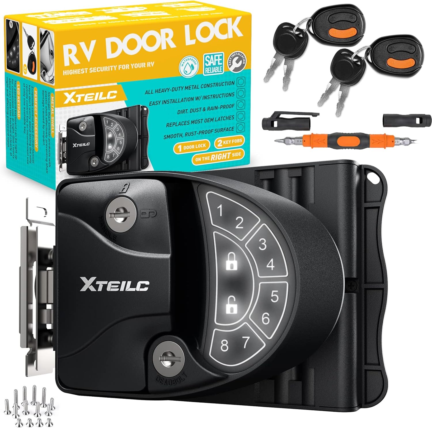 XTEILC RV Keyless Entry Door Lock, Keyless Entry RV Door Lock,Camper Door Lock Keyless Entry| 2 Fobs and Backlit Keypad,Deadbolt, Keypad|Will Only Fit 2.75 x 3.75 Lock Hole