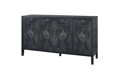 Retro Design 60'' Sideboard Large Storage Cabinet with 4 Doors and Adjustable Shelves, Solid Wood Console Table TV Stand with Open Storage for Kitchen Living Room (Smoke Blue)