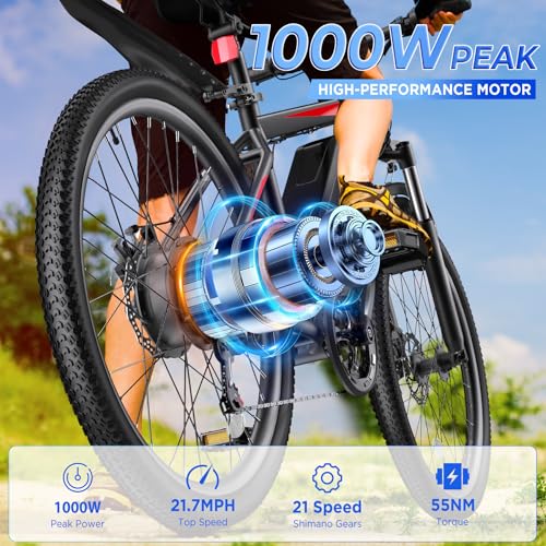 Electric Bike for Adults, 26'' 1000W Peak Ebike, Up to 50 Miles 21.7MPH Electric Mountain Bike with 48V 374.4WH Removable Battery, Adjustable Stem, Fenders, Lockable Suspension Fork, 21-Speed