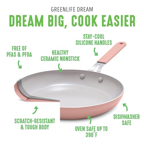 GreenLife Dream 10-Piece Ceramic Nonstick Cookware Set, Pots Frying & Sauce Pans, PFAS-Free & PFOA-Free, Dishwasher & Oven Safe, Stay-Cool Handles, Durable Aluminum Body, Versatile Cooking, Dusty Rose