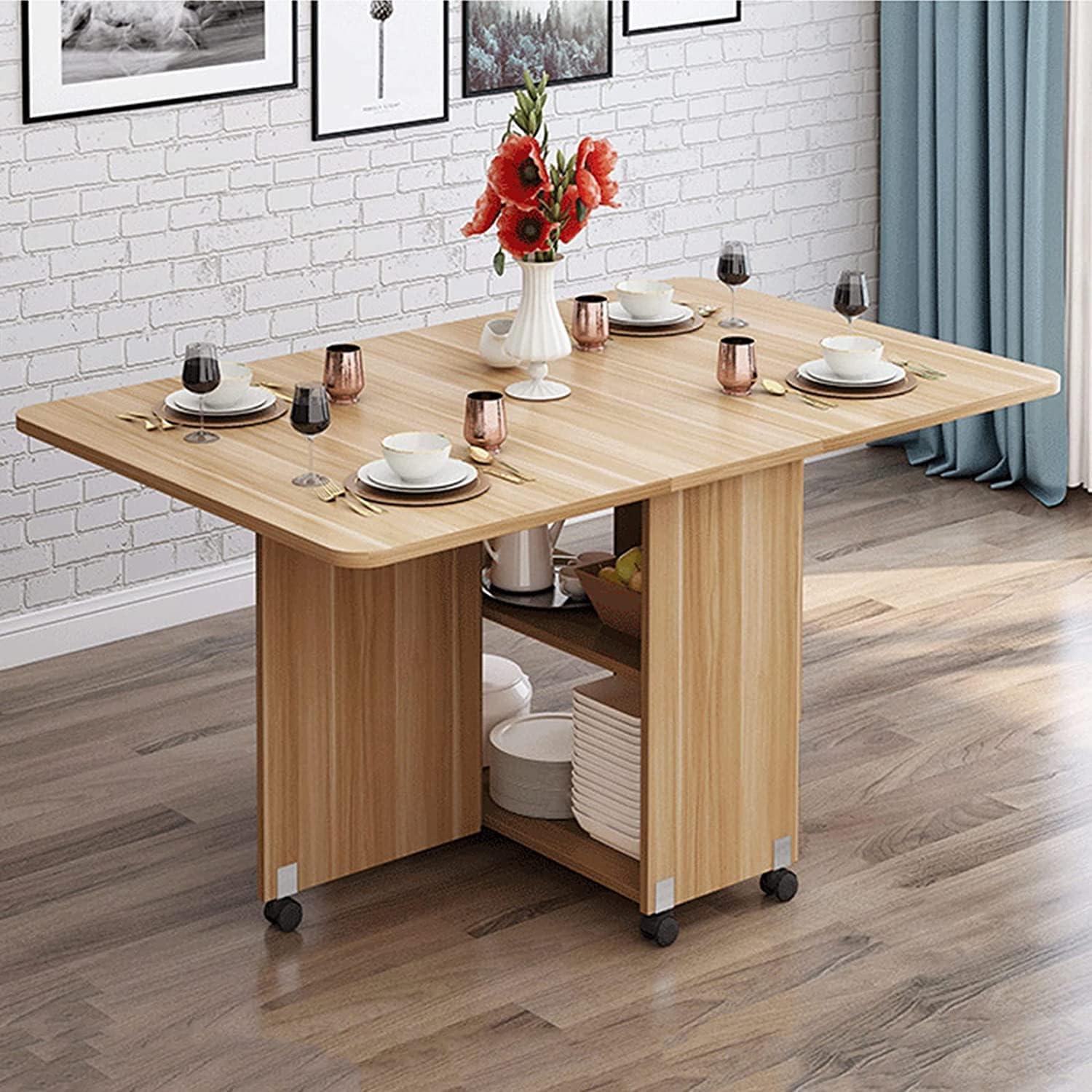 Kitchen Dinner Table, Expandable Folding Dining Table with 6 Wheels, Rectangle Wood Drop Leaf Table, Round Edge Design, for Small Space Dining Table for Kitchen, Living Room,1.2m