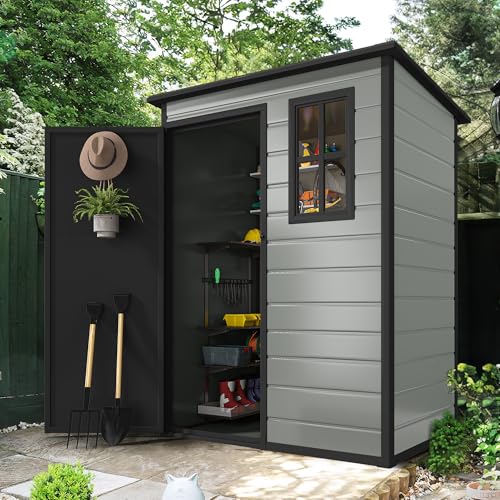 DWVO 5x3 FT Outdoor Storage Shed with Floor, All-Weather Resin Storage Shed with Lockable Door & Window, Waterproof Plastic Tool Storage for Garden, Backyard, Patio, Lawn, Blue-Gray