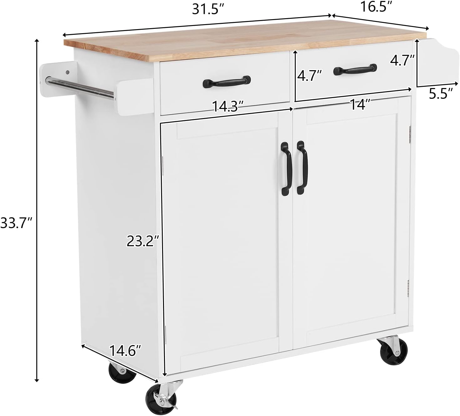 Kitchen Island on Wheels with Storage Cabinet,Rolling Kitchen Cart with Double Doors and Drawers & Spice Rack Towel Bar,Rubber Wood Top,White