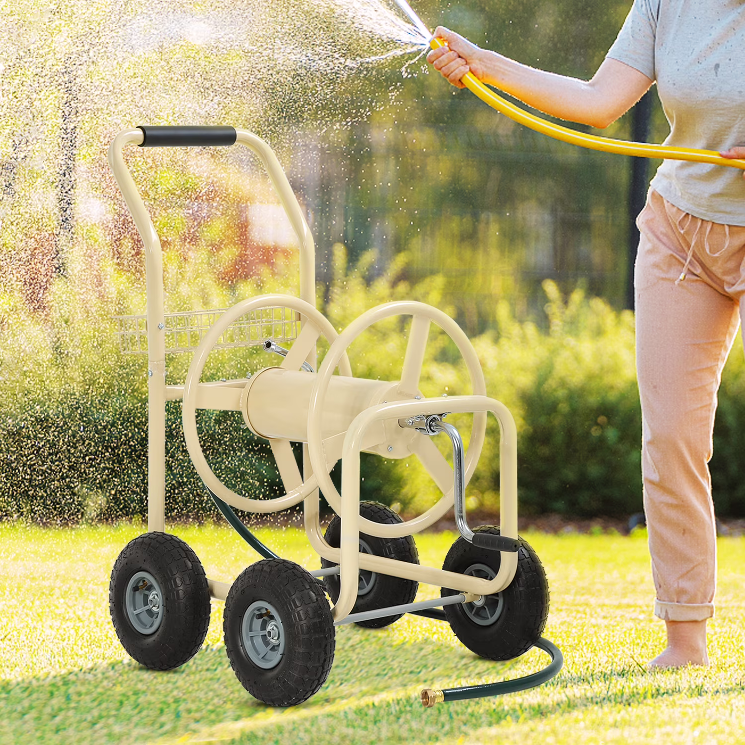 Garden Hose Reel Cart with Wheels, Water Hose Reel Cart Heavy Duty Hose Reel Holds 300-Feet of 5/8-Inch Hose Metal Hose Reels for Outdoor Yard Lawn Water Truck Planting Cart with Storage Basket, Tan
