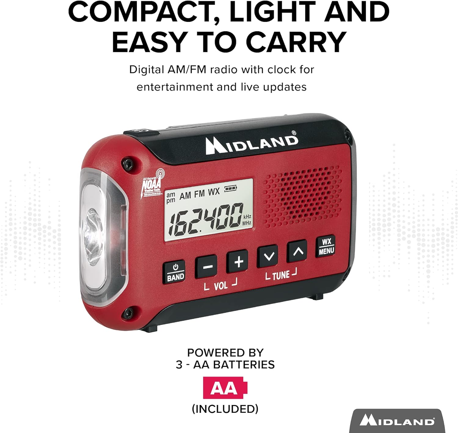 Midland - ER310, Emergency Crank Weather AM/FM Radio - Multiple Power Sources, SOS Emergency Flashlight, Ultrasonic Dog Whistle, & NOAA Weather Scan + Alert (Red/Black)