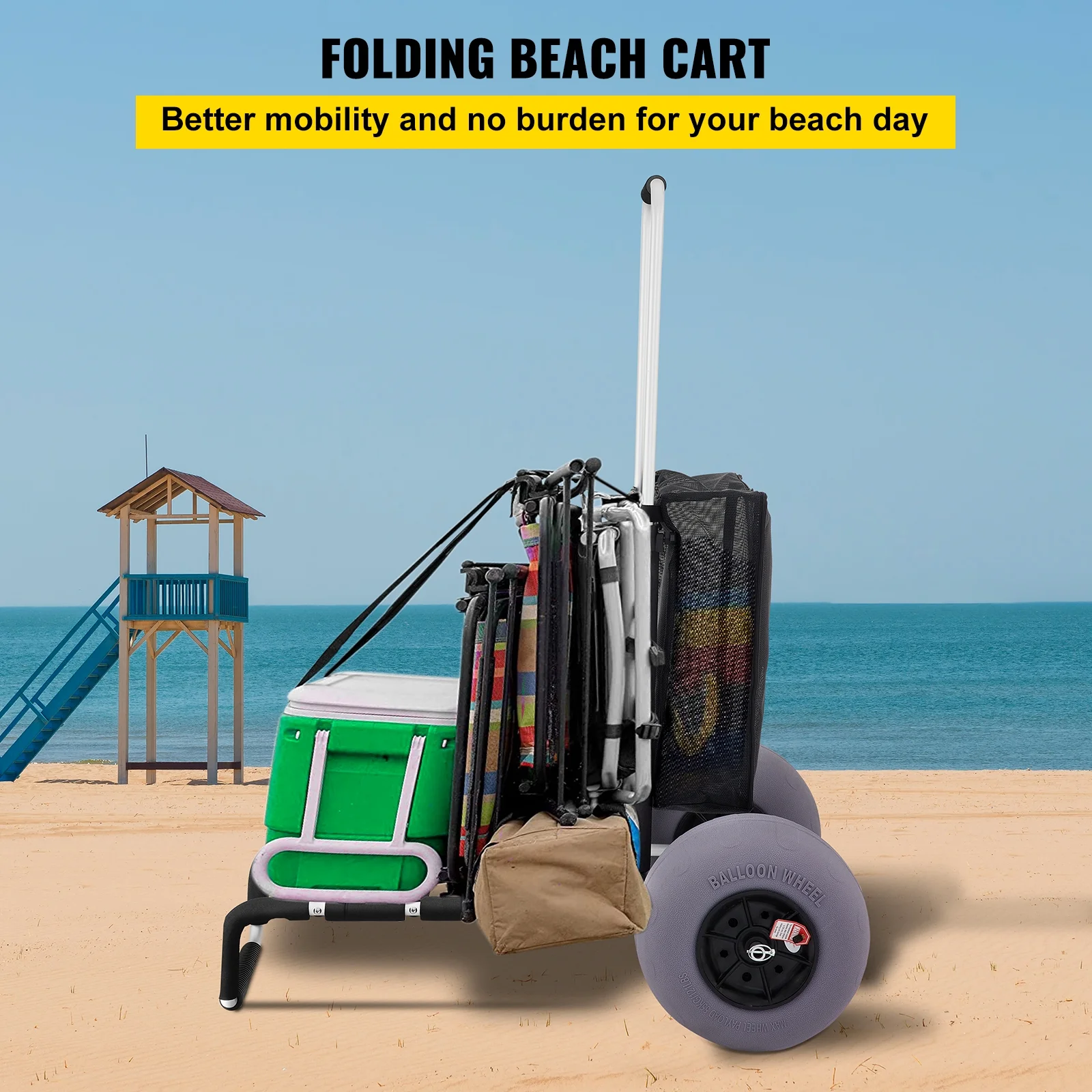 BENTISM Beach Carts for The Sand 165LBS Capacity Adjustable Handle Beach Wagon TPU 23" x 15" Deck with 13" Balloon Wheels for Beach Trips Camping Fishing