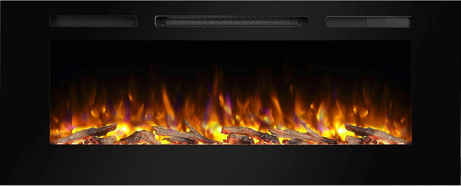 PuraFlame Alice 50 Inches Recessed Electric Fireplace, Flush Mounted for 2 X 6 Stud, Log Set & Crystal, 1500W Heater, Black