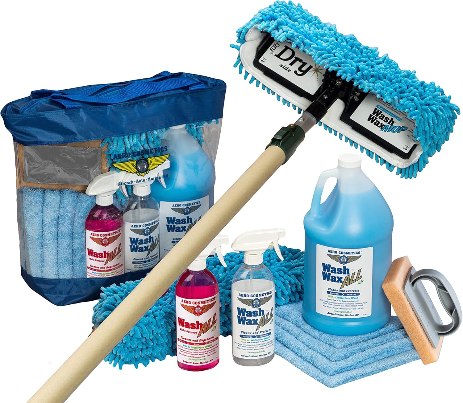 Aero Cosmetics Waterless RV Aircraft Boat Wash Wax Mop Kit with Deluxe Pole (3' 9" to 9'), No Ladder Needed, Wash, Wax, Dry, Anywhere, Anytime, No Restrictions