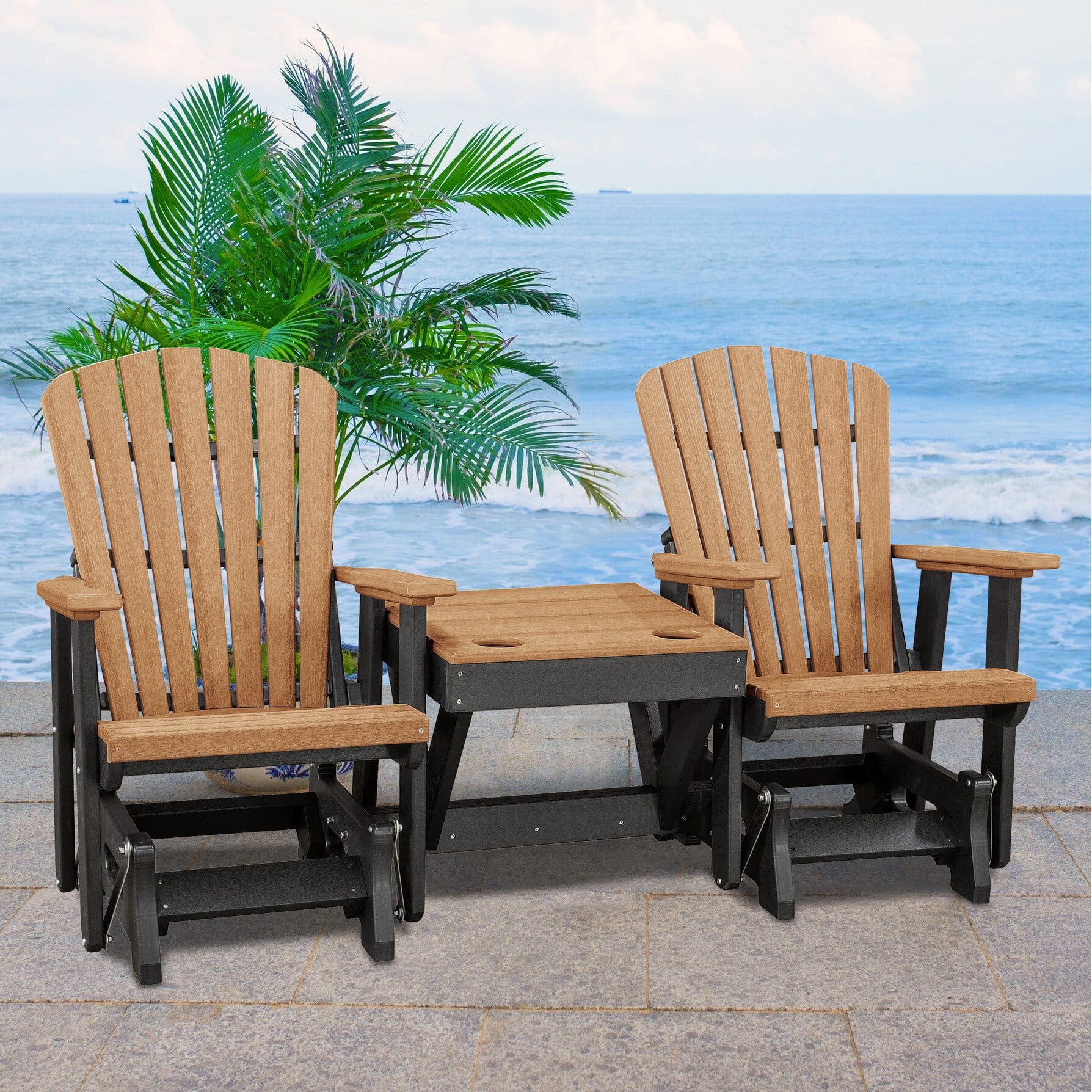 OS Home and Office Model Double Glider with Center Table in Cedar with a Black Base