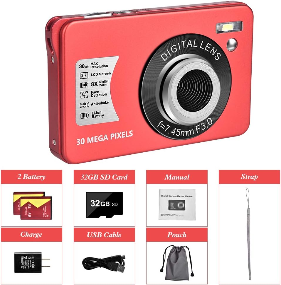 30 MP Digital Camera HD Mini Pocket Camera Cheap Camera 2.7 Inch LCD Screen Camera with 8X Digital Zoom Compact Cameras for Adult, Kids, Beginners with 32GB SD Card and 2 Batteries Pack of 2