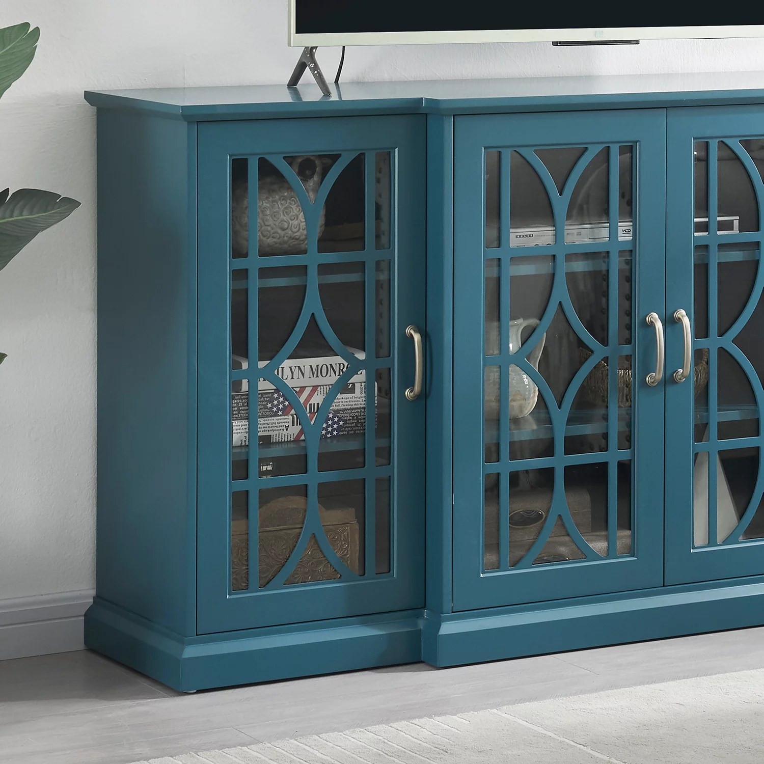 Sumdeal 63” TV Stand, Storage Buffet Cabinet, Sideboard with Glass Door and Adjustable Shelves, Console Table for Dining Living Room Cupboard, Teal Blue