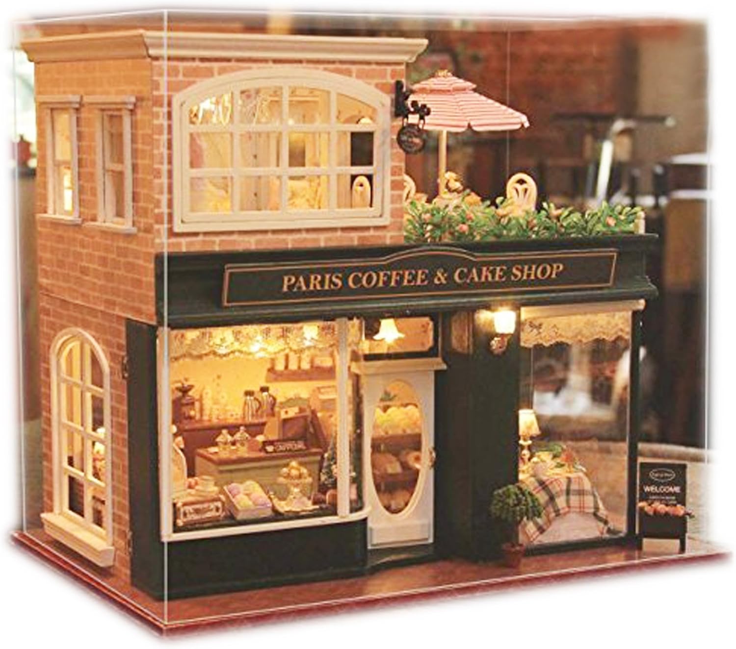 Ogrmar Wooden Dollhouse Miniatures DIY House Kit with Led Light and Dust Cover-Paris Coffee & Cake Shop