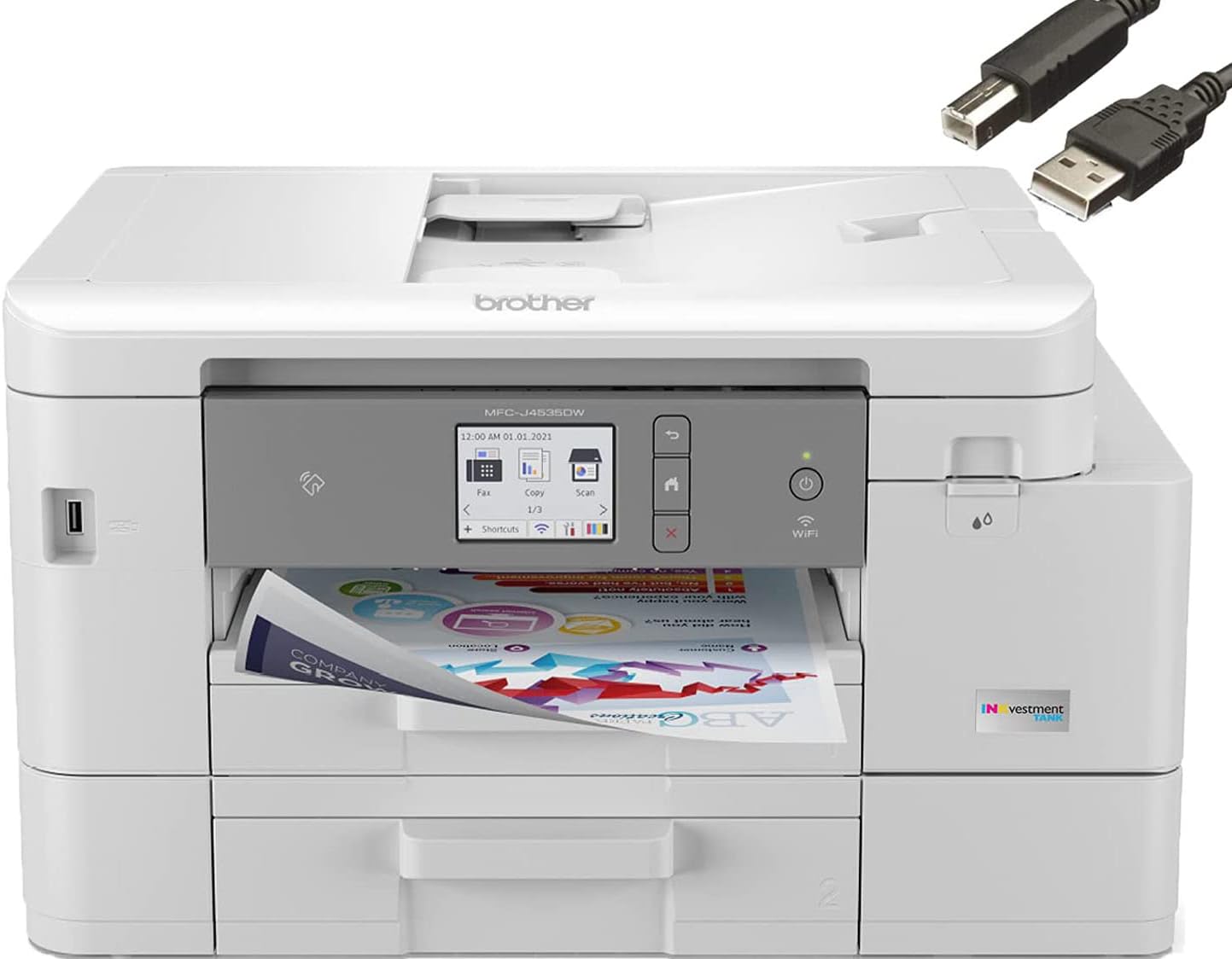 Brother MFC-J4535DW INKvestment Tank All-in-One Color Inkjet Printer with NFC, Auto 2-Sided Printing, Print Scan Copy Fax, Built-in wireless, 4800 x 1200 dpi, White - Bundle with JAWFOAL Printer Cable