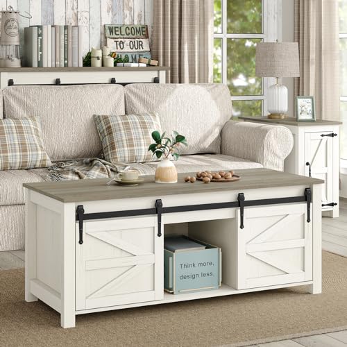 Lift Top Coffee Table with Storage, 47.3'' White Farmhouse Center Table with Sliding Ironmesh Doors, Rustic Brown Top Rectangular Coffee Table for Living Room
