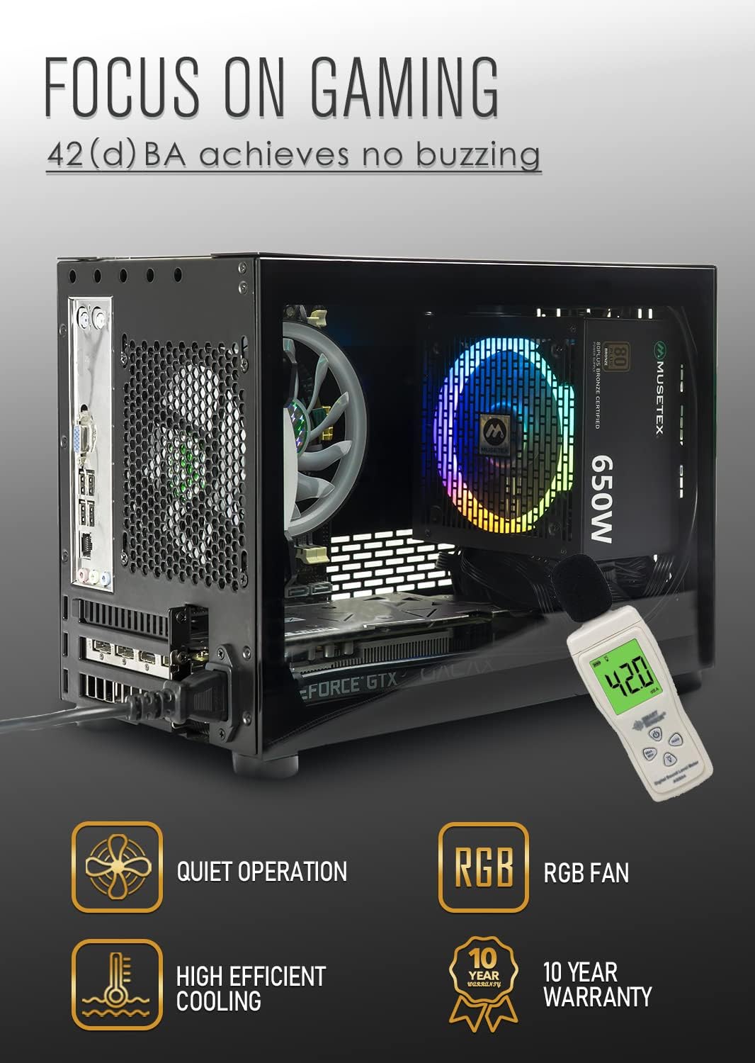MUSETEX ATX PC Case with 6pcs 120mm ARGB Fans Bundle with CPU Fan & 650W Power Supply