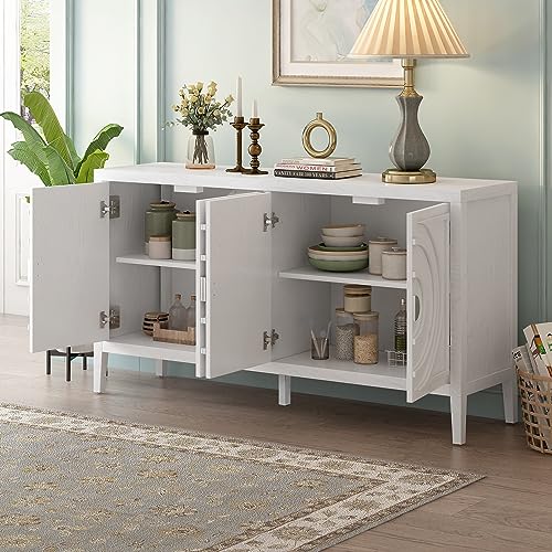 Sideboard Cabinet, Retro 4-Door Large Storage Space Buffet Cabinet with Adjustable Shelves and Circular Groove Design for Kitchen, Dining Room, Living Room (Black)