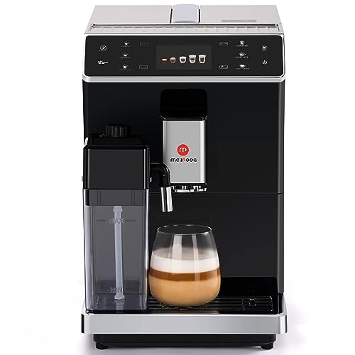 Mcilpoog Super Automatic Espresso Coffee Machine,Fully Automatic Espresso Machine With Grinder, Easy To Use Touch Screen Coffee Maker with Milk Frother.16 Coffee Recipes.(WS-203 Silver)