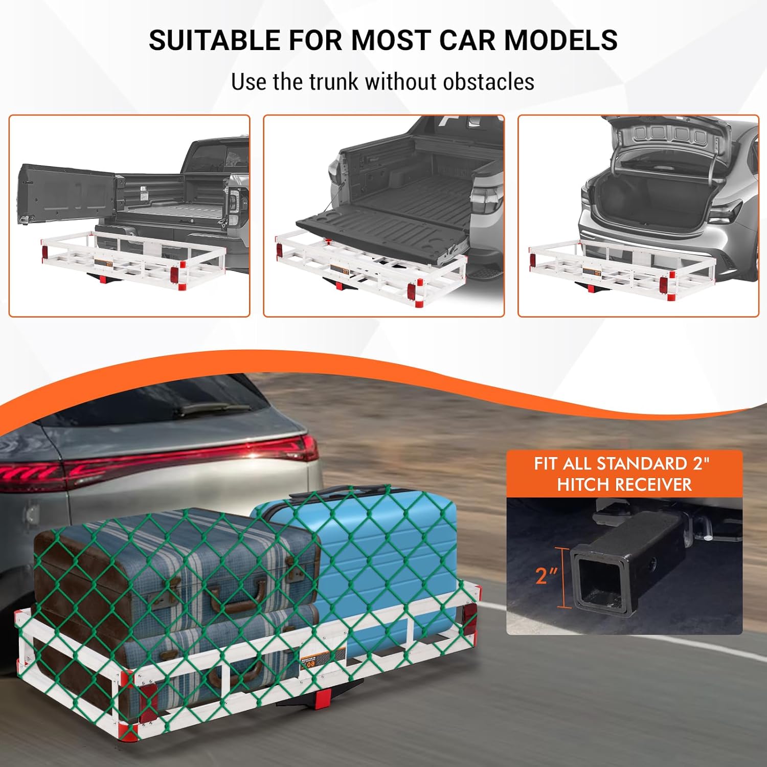 Hitch Cargo Carrier 49.4 x 22.4 x 7.1 inch,Trailer Hitch Mount Aluminum Cargo Basket Fits 2" Hitch Receiver, Luggage Carrier Rack for RV's, Trucks, Pickups, 500lb Capacity,Silver