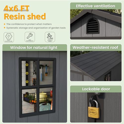 Patiowell 4' x 6' Outdoor Storage Shed with Floor, Plastic Shed Outside Resin Tool Shed with Window and Lockable Door for Backyard Garden Patio Lawn, Gray (Fit-it Shed)