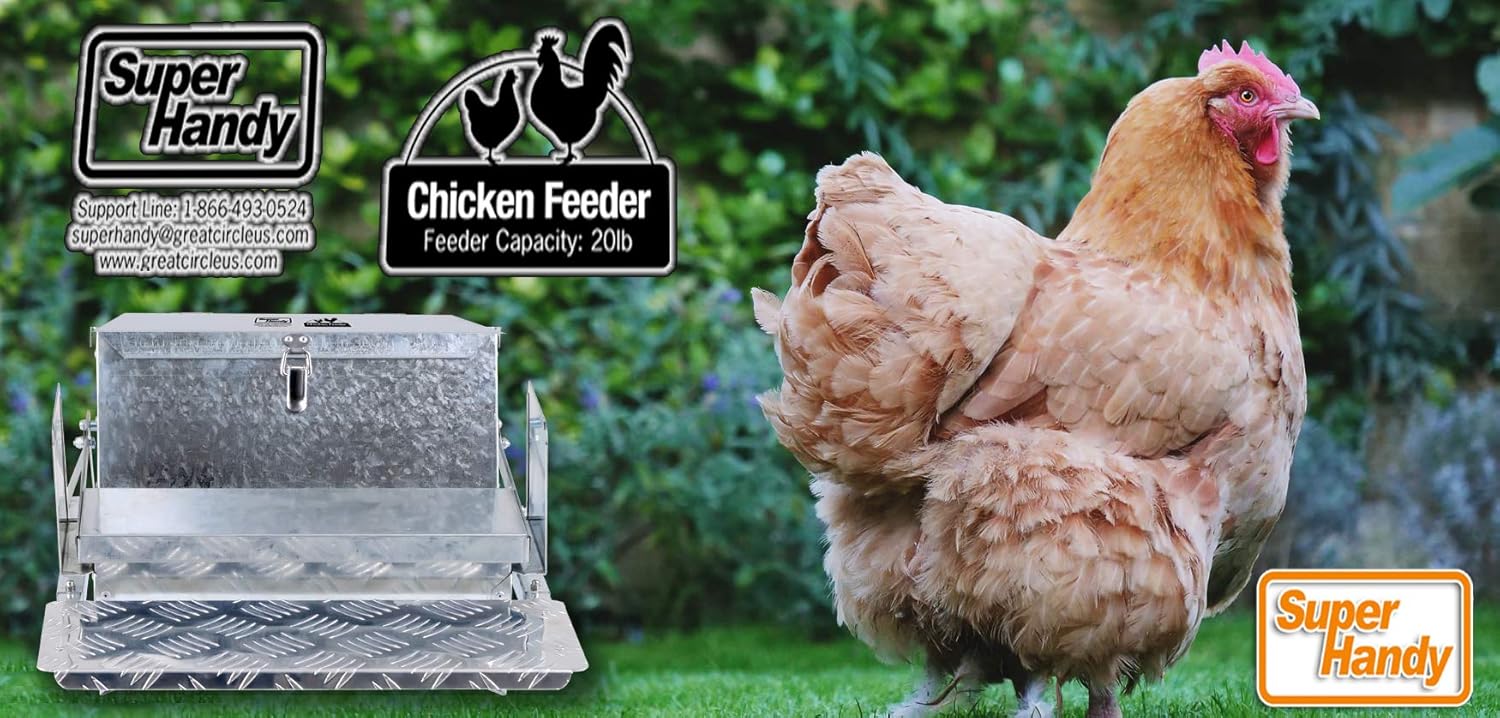 SuperHandy Chicken Feeder Automatic 20lbs (9kg) Capacity Trough Feeds 6-12 Poultry/Fowl Up to 10 Days Keeps Dry with Spill Proof Galvanized Steel Bird Prevention for Chickens, Pheasants, or Roosters