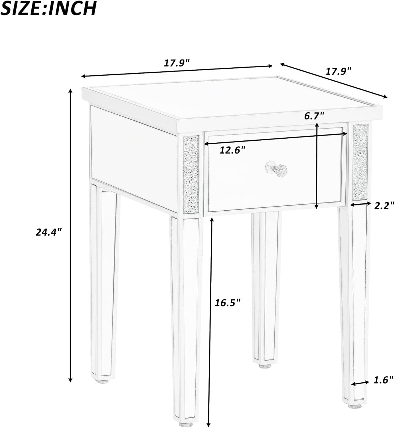 Modern Glass Mirrored End Table with Drawer, Corner Table with Crystal Handles and Adjustable Height Legs for Living Room, Silver
