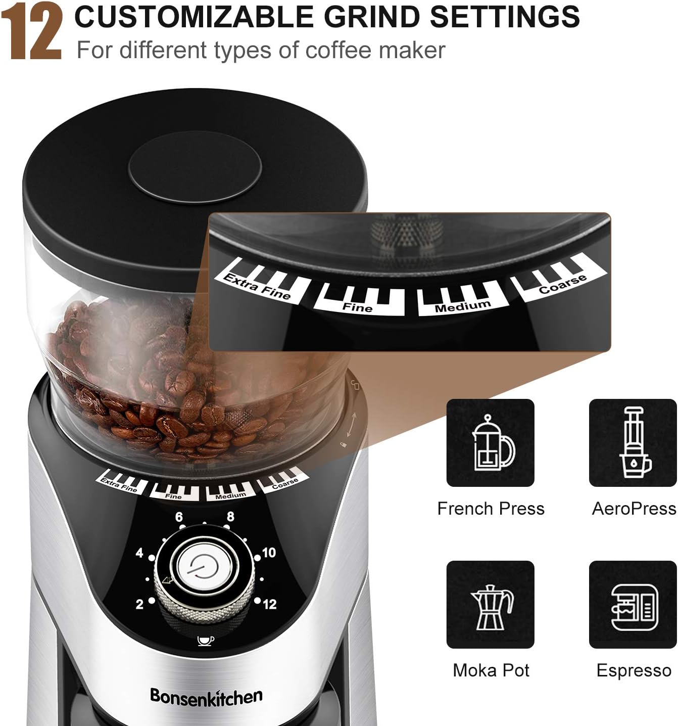Electric Burr Coffee Grinder, Automatic Conical Burr Mill Coffee Bean Grinder with 12 Precise Grind Settings and Cup Selection, Large Capacity, Stainless Steel