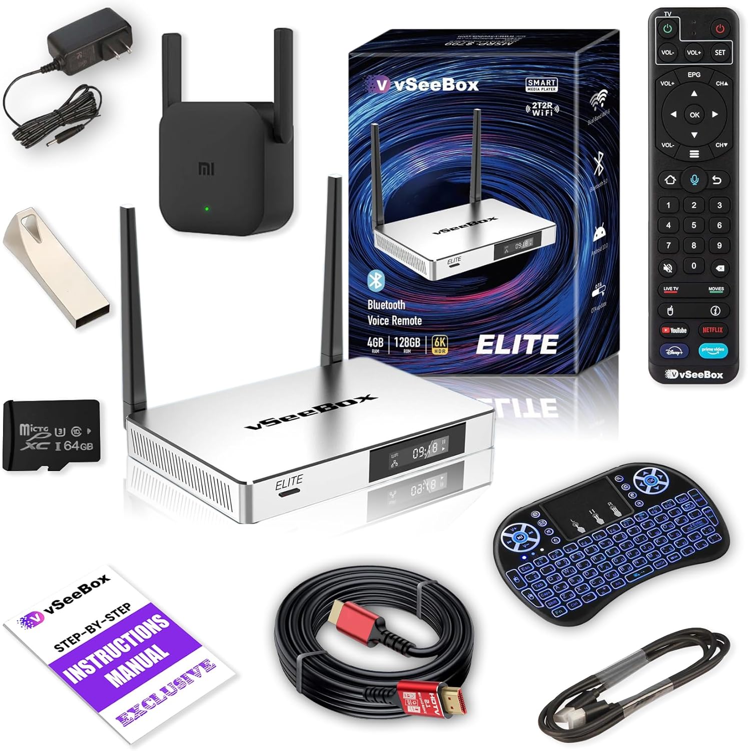 vSeeBox Elite (Android 10, 4GB RAM, 128GB Storage) Newest 6K Bundle with Voice Control Remote, 8K HDMI Cable, 64GB TF Card/USB Drive, WiFi Extender, Keyboard (Detailed Setup Guide, CA Support)