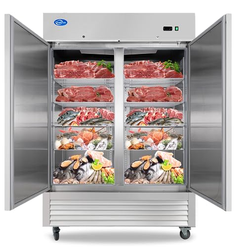 54"W Commercial Freezer 2 Solid Door, 49 Cu.ft Reach-in Stainless Steel Freezer, Upright Fan Cooling for Restaurant, Bar, Home, Shop (Equip 8 Shelves) - kalifon Warehouse Shipments
