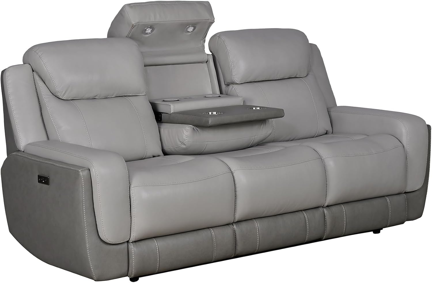 Armen Living Rosalyn Modern Zero Gravity Power Reclining Sofa with Dropdown Console, 87" Wide, Silver and Gray Top Grain Leather