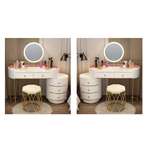 Vanity Table White Vanity Set Makeup Vanity Desk with Round Mirror, White Vanity Makeup Table Girls and Women Vanity Table for Bedroom with Lots Storage Dressing Table(D,120cm)
