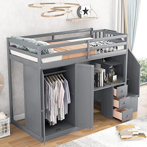 Harper & Bright Designs Twin Size Loft Bed with Desk and Stairs, Solid Wood Loft Bed Frame with Storage and Slat Support, for Kids Teens Adults (Espresso)