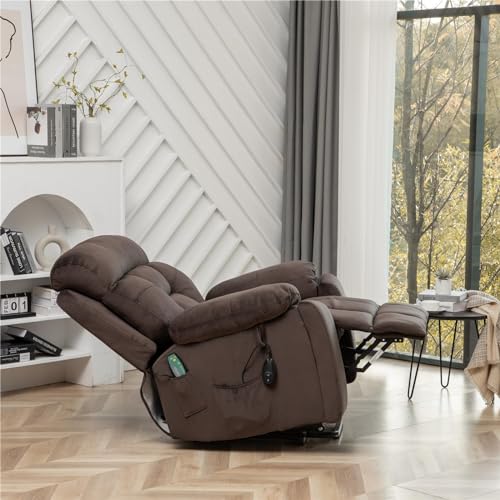 Power Recliner Lift Chair for Elderly - Extra Wide Recliner Lift Chair with Heat and Massage Suit for Big and Tall Man, Lay Flat Recliner Chairs for Elderly, Remote Control (Brown)
