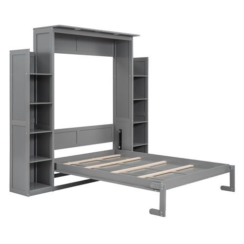 CITYLIGHT Full Size Murphy Bed with Storage Shelves and LED Lights, Easy Fold Wood Wall Bed, Space-saving Murphy Bed Cabinet for Guest Room Home Office, Grey