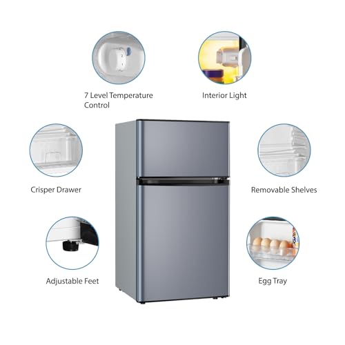 Saeoola Mini Fridge with Freezer, 3.2 Cu.Ft, 2 Doors Compact Mini Refrigerator with Separate Freezer for Dorm, Bedroom, Office, Apartment with 7-Level Temperature Control, Removable Shelves