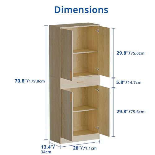 Cozy Castle Kitchen Pantry Storage Cabinet 71" Tall 4 Doors Wood Freestanding Cupboard with Sliding Drawer and 2 Adjustable Shelves for Dining Room Living Room, Laundry, Bathroom, Oak