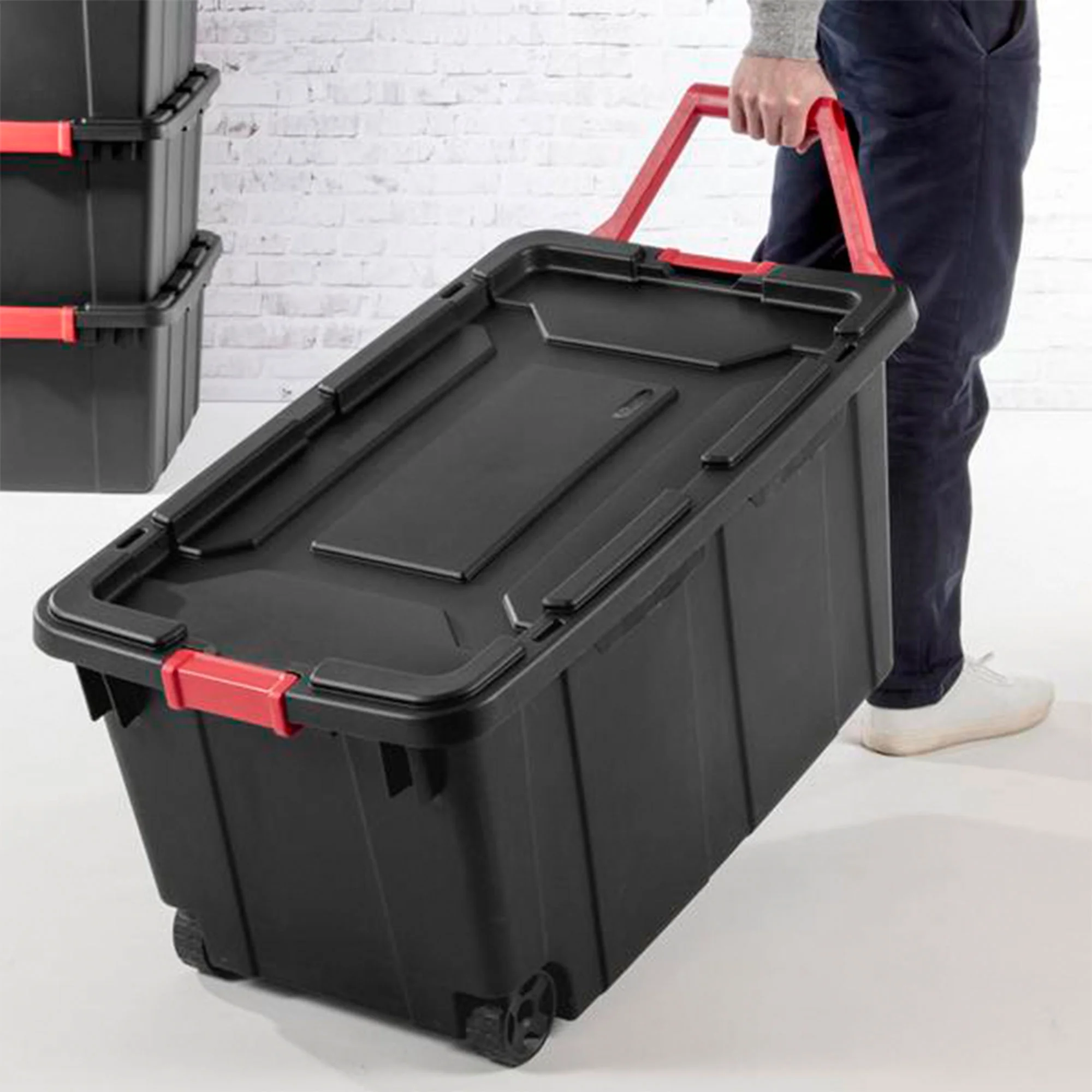 Sterilite Durable 40 Gallon Wheeled Industrial Storage Tote, Black (8 Pack)