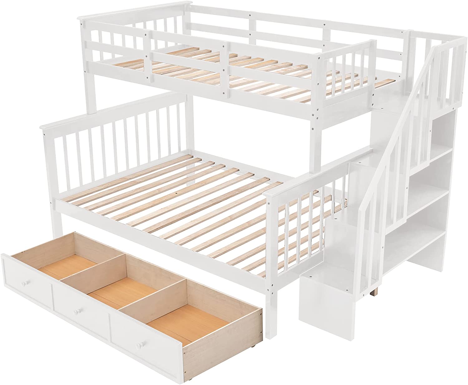 Over Full Bunk Bed With Stairs, Solid Wood Stairway Bunk Bed With Storage Drawers For Kids Teens Adults, Bedroom, Dorm (White)