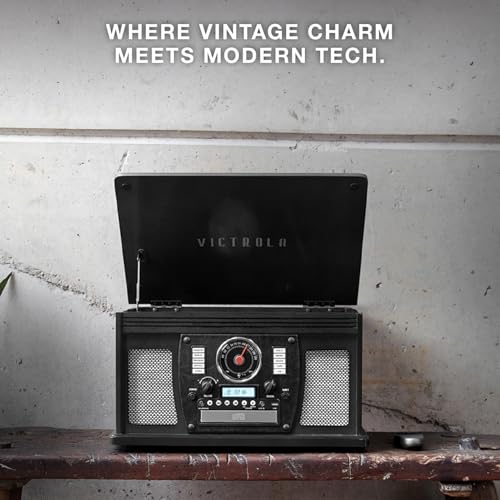 Victrola Navigator 8-in-1 Bluetooth Record Player with Built-in Speakers– 3 Speed Turntable, CD Player, Cassette, FM Radio, USB, RCA Out, Headphone Jack, Wireless Music Streaming, Real Wood (Mahogany)