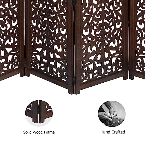 Room Divider Wood Screen - Ghanti Bells Antique Brown - 4 Panel Folding 72 x 80 - Assembled Hand Carved Decorative Functional Versatile Portable Partition Reversible Privacy Boho - COTTON CRAFT