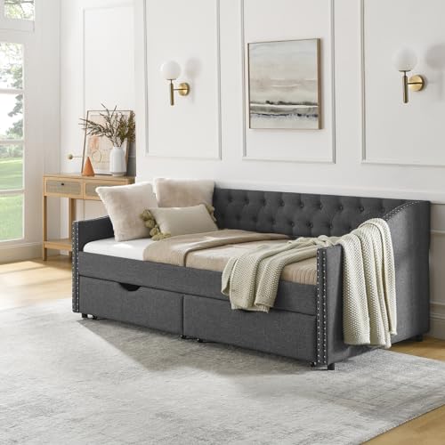 Wood Queen Size Daybed, Day Bed Frame with 2 Storage Drawers, Upholstered Bed Frame Queen Sofa Bed with Button and Nailhead Design for Bedroom Guest Room, No Box Spring Needed, Black