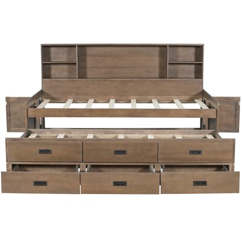 Harper & Bright Designs Full Captain’s Bed with Trundle, Drawers, Bookcase, Solid Wood Full Storage Daybed Frame for Kids Guests, No Box Spring Needed (Full Size, White)