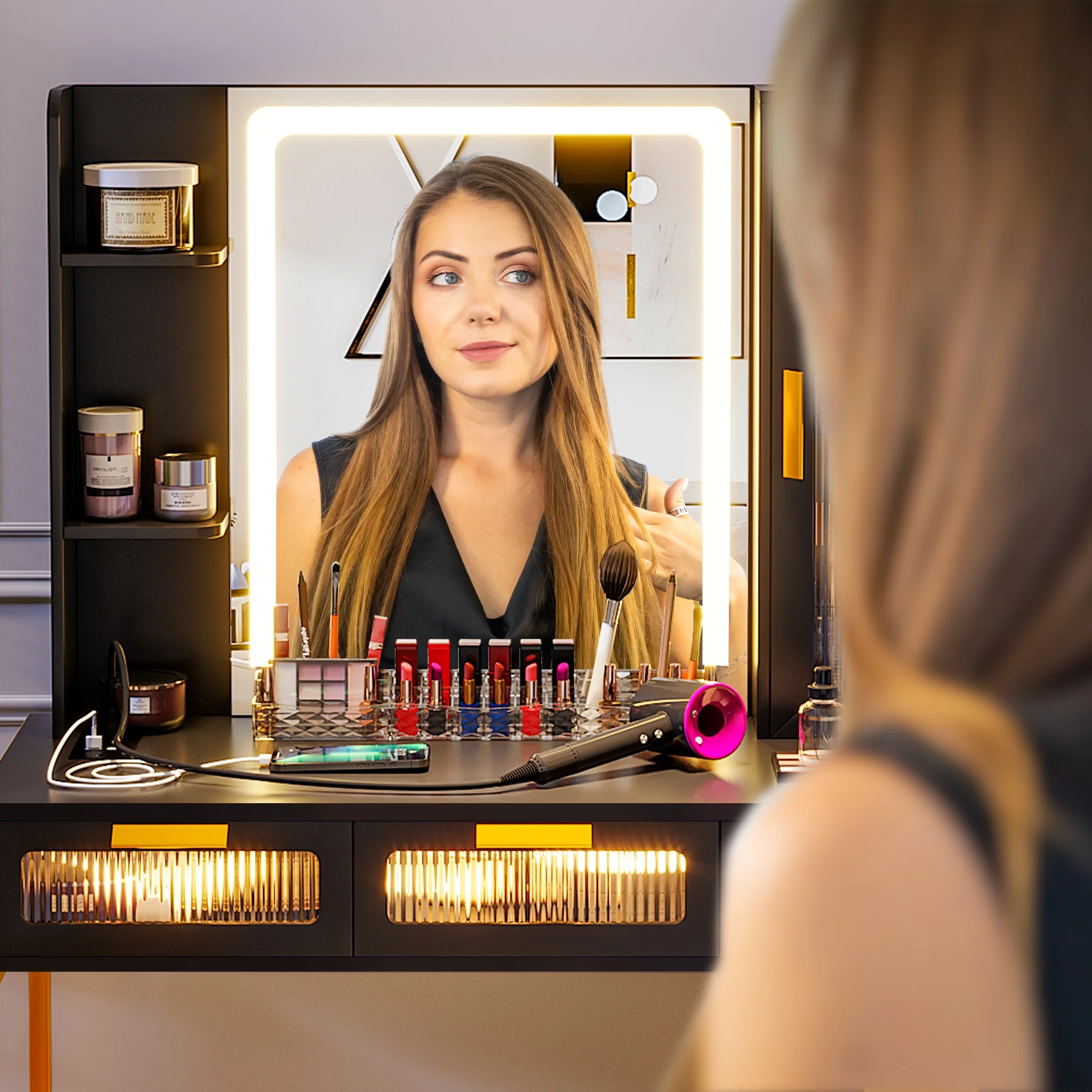 HNEBC Makeup Vanity with Lights, Vanity Table Set with LED Mirror, Vanitys with 6 Drawers/Stool, Vanity Makeup Desk with Charging Station, With Senser Mode Dressing Table as Gifts for Women