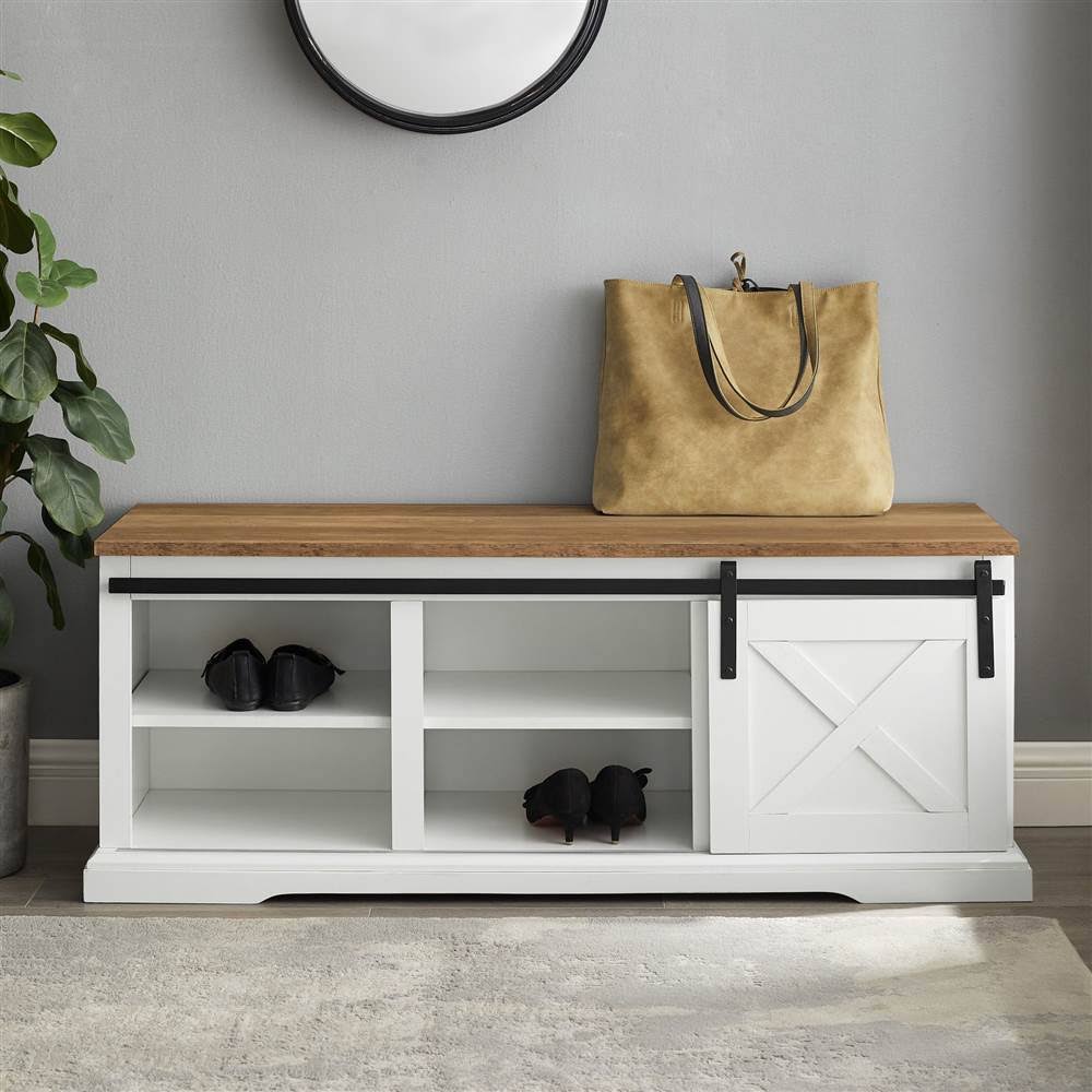 Walker Edison Sliding Barn Door Entry Bench - White / Reclaimed Barnwood