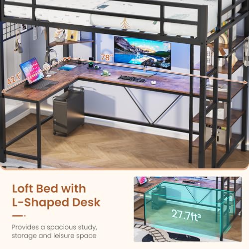 MSmask Loft Bed Twin Size with L Shaped Desk, LED Lights, Charging Station, Heavy Duty Metal Loft Bed Frame with 6 Storage Shelves, Safety Guard & Ladder, No Box Spring Needed, No Noise, Black