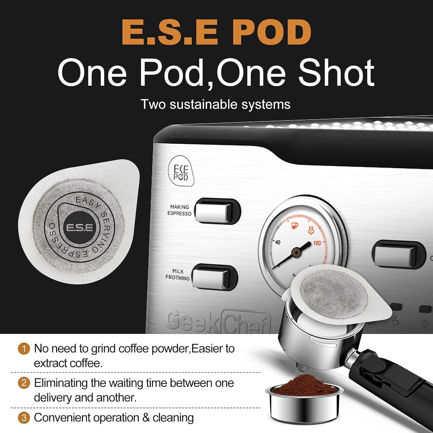 Geek Chef Espresso Machine, Cappuccino latte Maker Coffee Machine with ESE POD filter&Milk Frother Steam Wand and 1.5L Water Tank, 15 Bar, Black