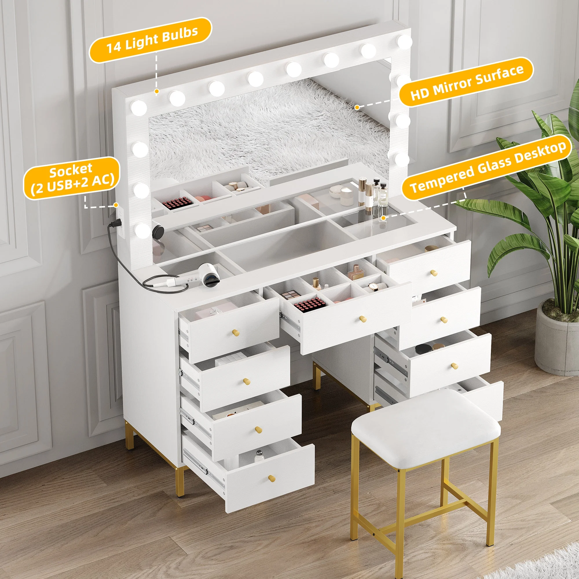 DWVO Vanity Table Set with 3 Color Lighted Mirror & Charging Station & Stool, Modern Makeup Vanity Dressing Table with 9 Drawers for Bedroom, Gold and White Vanity Desk for Women Girls